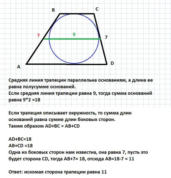 Средняя линия трапеции через окружность. Формула средней линии равнобедренной трапеции. Как найти сторону средняя линия трапеции.