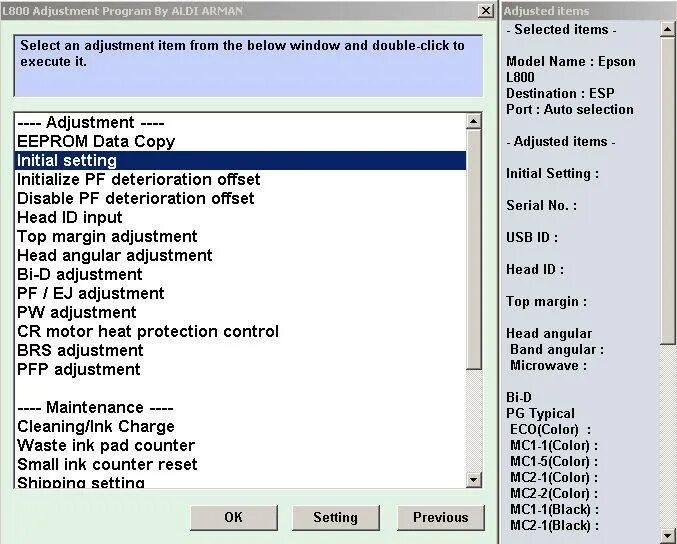Adjustment program Epson 1410. Программа сброса уровня чернил. Adjprog l800. Сброс уровня чернил Epson l800. Initial setting