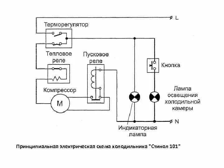 Подключение холодильника индезит. Электрическая схема включения компрессора холодильника. Схема электрооборудования холодильника Стинол. Принципиальная электрическая схема холодильника.