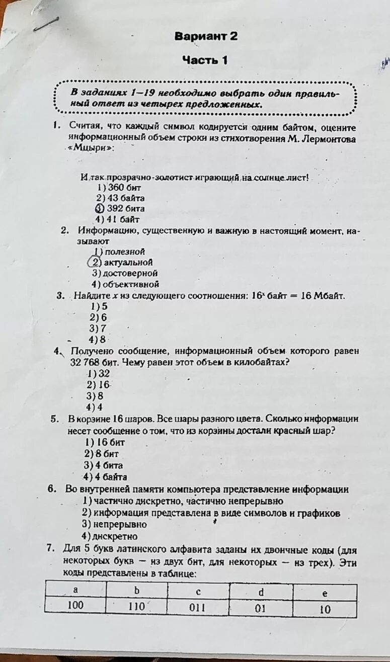 Контрольная работа по информатике глава 2