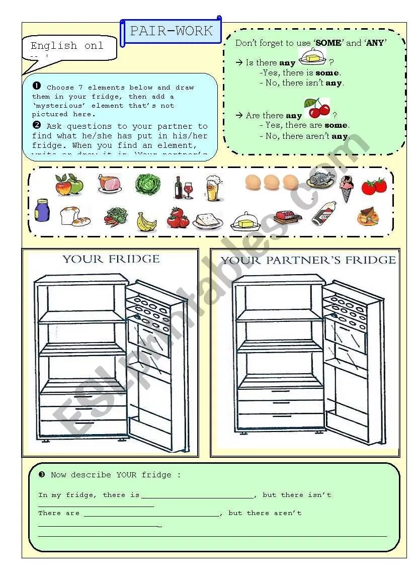 Холодильник с продуктами для английского языка. Холодильник на англ яз. Холодильник с едой рисунок для английского языка. Some any Worksheets продукты. Pair work find