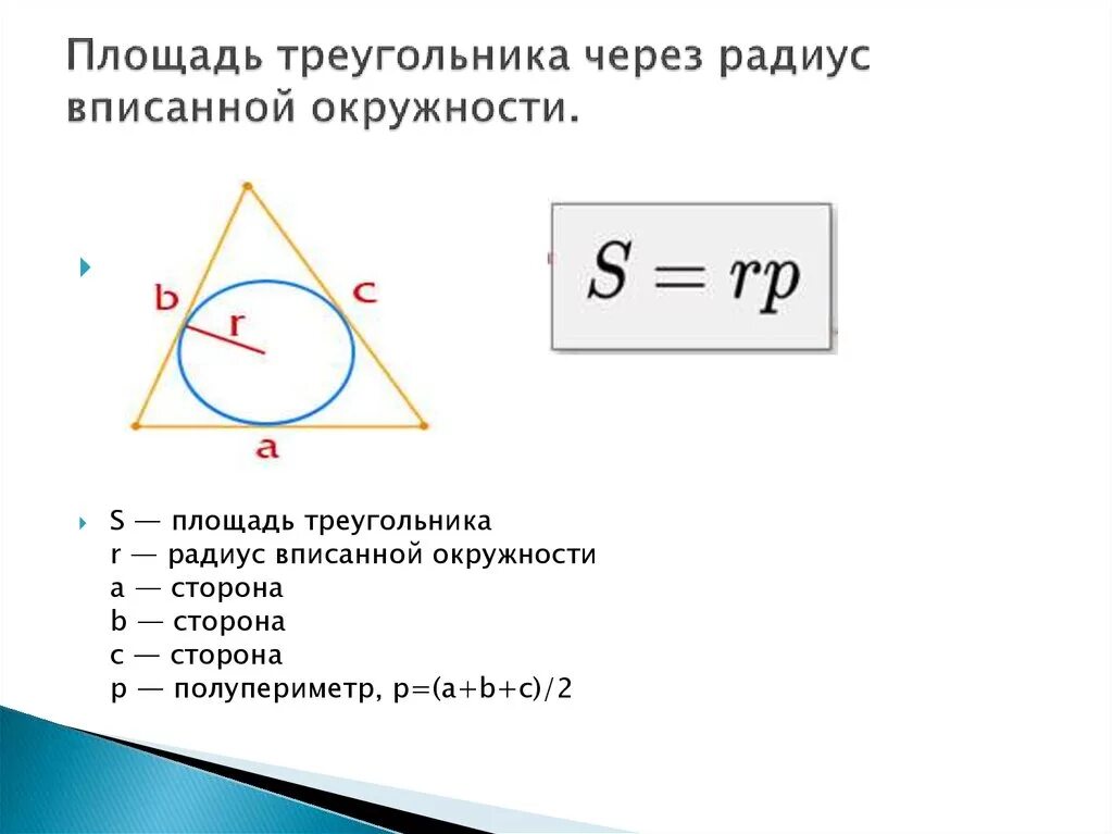 Радиус через. Площадь треугольника через радиус вписанной окружности формула. Площадь треугольника через периметр и радиус вписанной. Формула площади треугольника через радиус. Площадь треугольника через радиус вписанной.