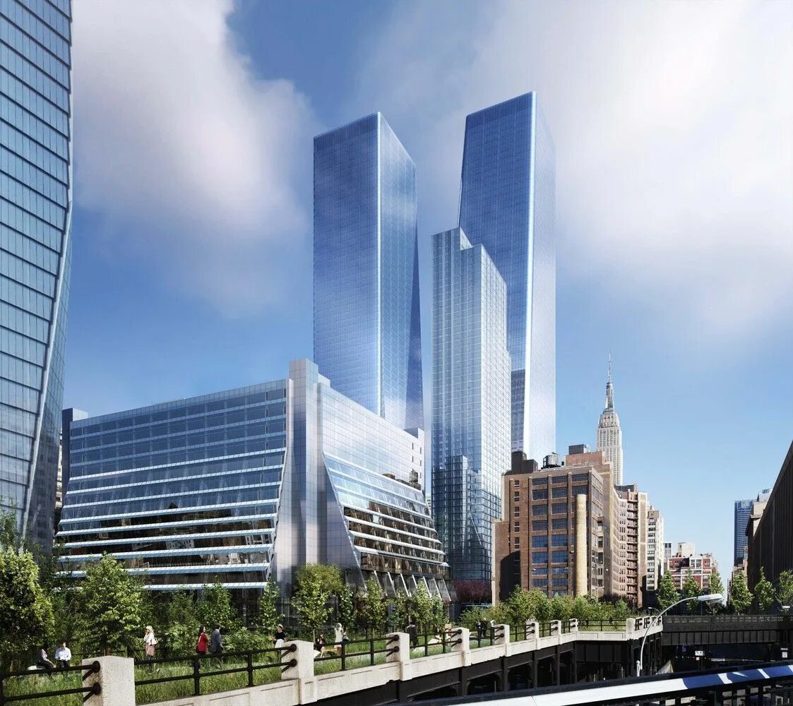 Офисные здание Манхеттен. Hudson Yards жилой комплекс. Современные небоскребы. Урбанистические здания. Building txt