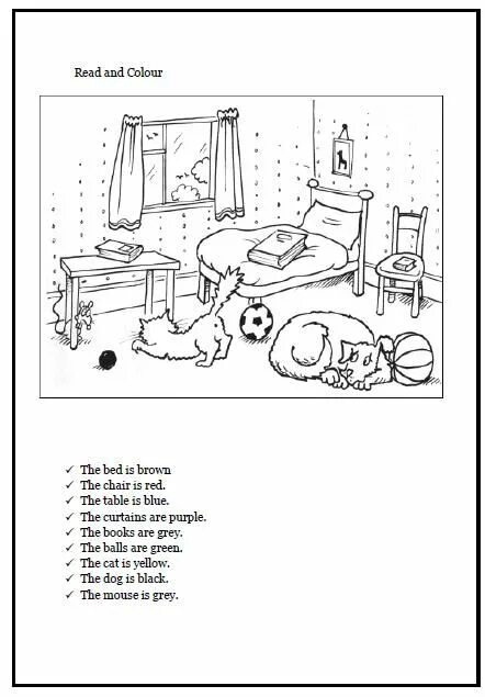 Комнаты Worksheets for Kids. Color and read задание. Раскраска мебель на английском. Комнаты английский for Kids Worksheet. Read and draw pictures