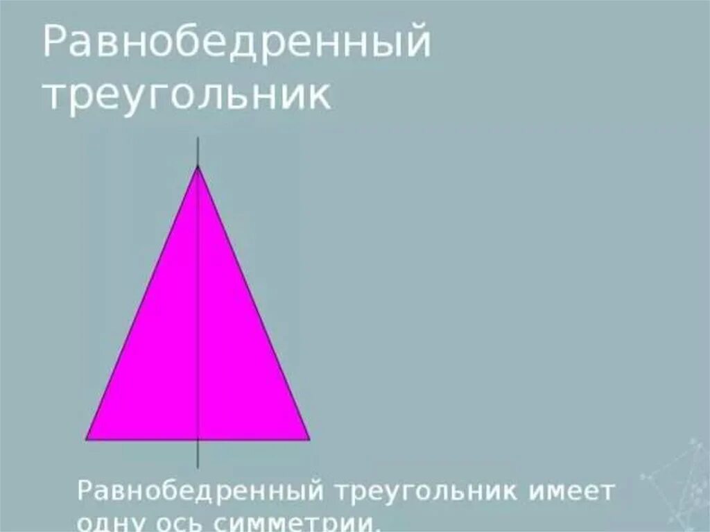 Равнобедренный треугольник имеет одну ось симметрии. Ось симметрии равнобедренного треугольника. Симметрия равнобедренного треугольника. Центр симметрии равнобедренного треугольника.