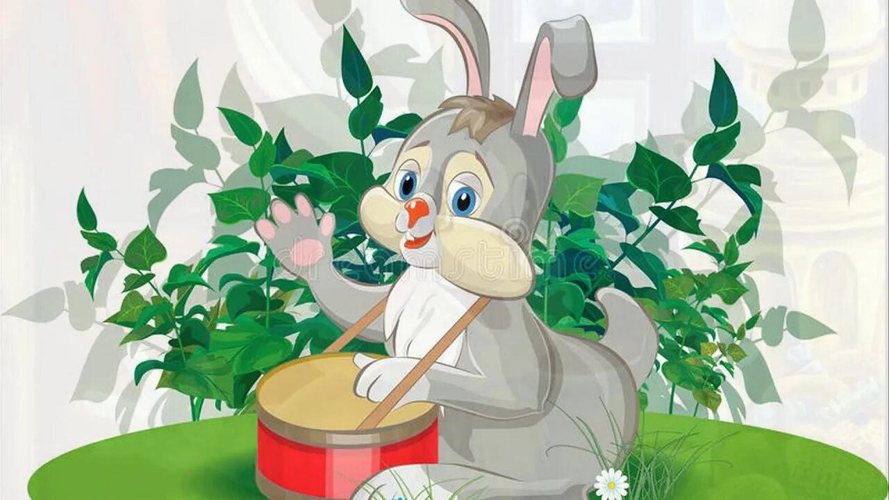 Детская музыка заяц. Зайчик с барабаном. Заяц на пеньке. Сказочный заяц с барабаном. Зайчик барабанит.
