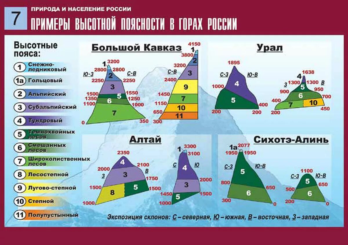 Объяснить различия структуры высотной поясности. Высотная поясность России таблица. Природные зоны России Высотная поясность. Природные зоны ВЫСОТНОЙ поясности. Высотная поясность большого Кавказа.