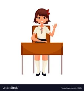 Clever school girl sitting at the desk and raising hand to answer