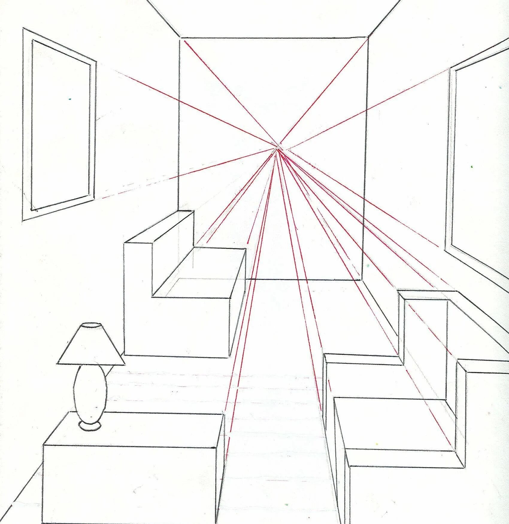 Перспектива сбоку перспектива комната. Линейная перспектива точка схода. Перспектива в интерьере фронтальная снизу. Фронтальная перспектива с 1 точкой схода. Рисунок комнаты 7 класс легко