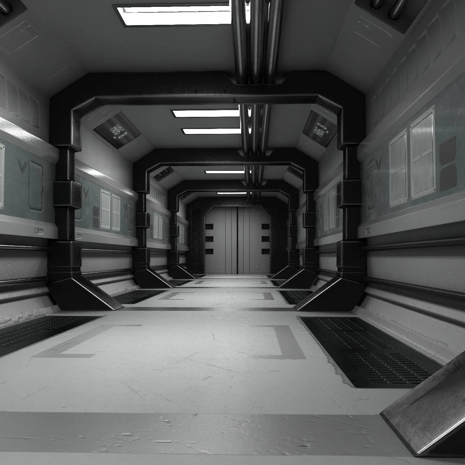 Интерьер космического корабля. Футуристический коридор. Sci-Fi Hallway. Футуристический подъезд.