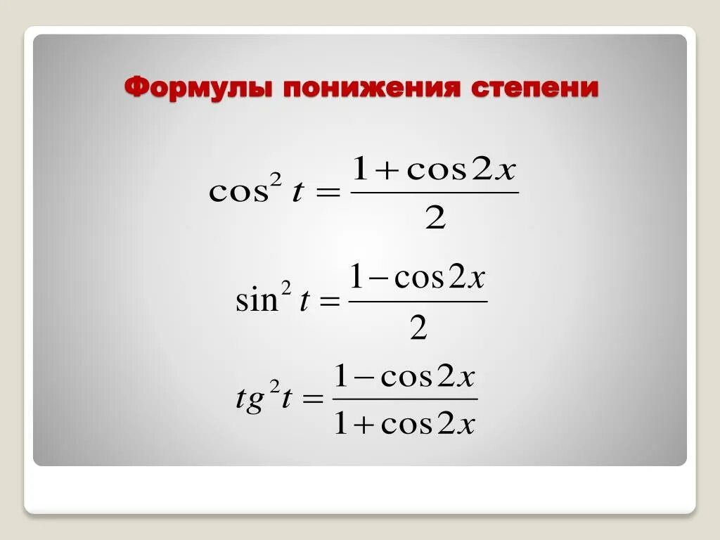 Степени тригонометрических функций. Формулы квадратов синуса и косинуса. Формулы понижения степени тригонометрия. Формула понижения степени тангенса. Понижение степени тангенса.