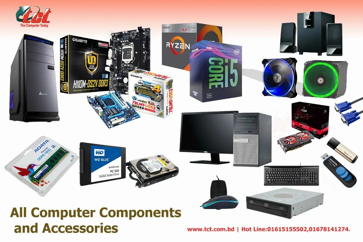 Computer components. Computer spare Parts. "Computer Accessories" text.