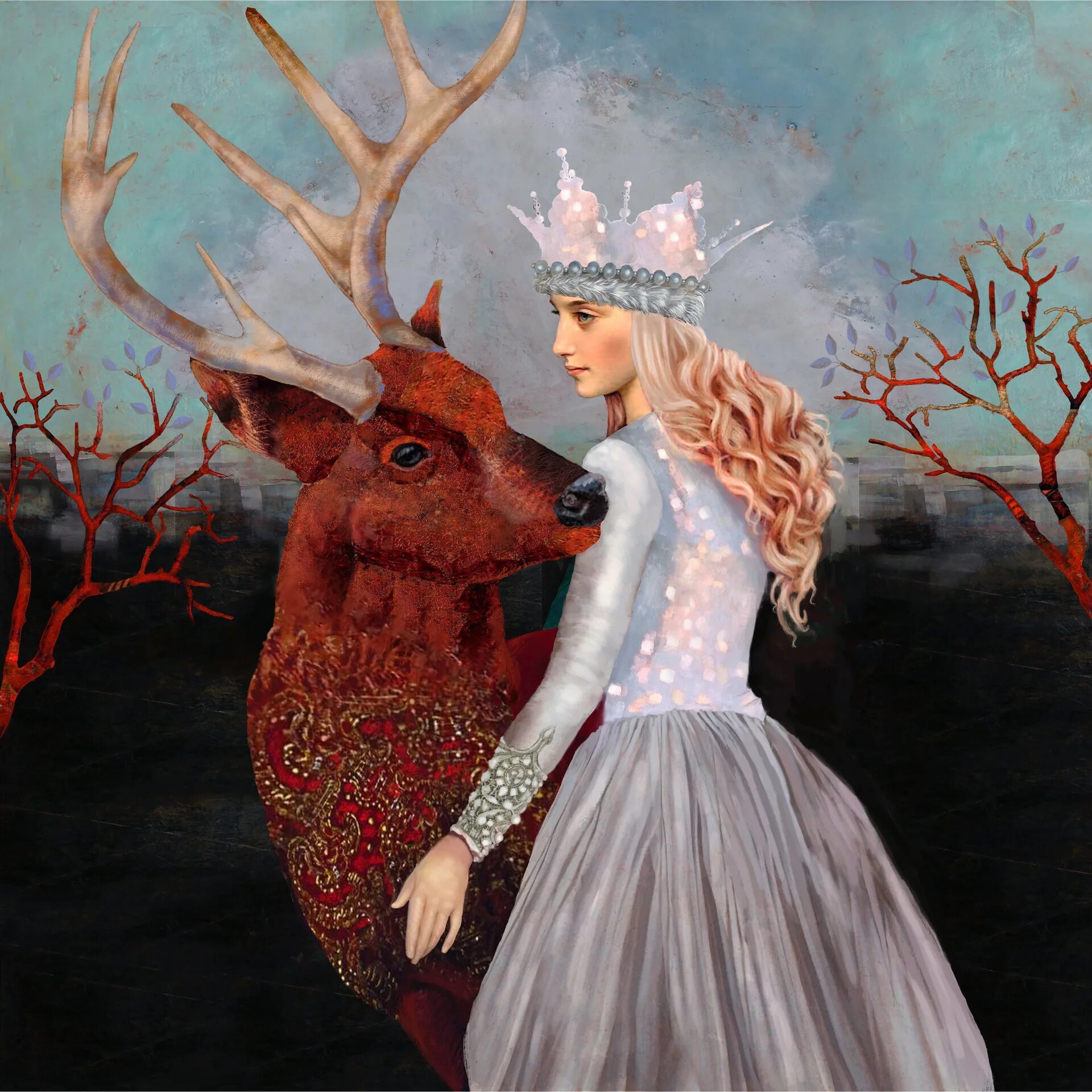 Картина девушка с оленем. Царь-олень. Картина олени. Снежная королева на олене