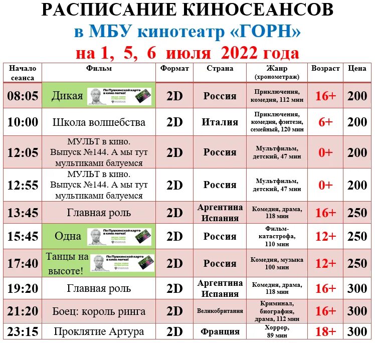 Афиша киносеансов. Кинотеатр горн ст Ленинградская.