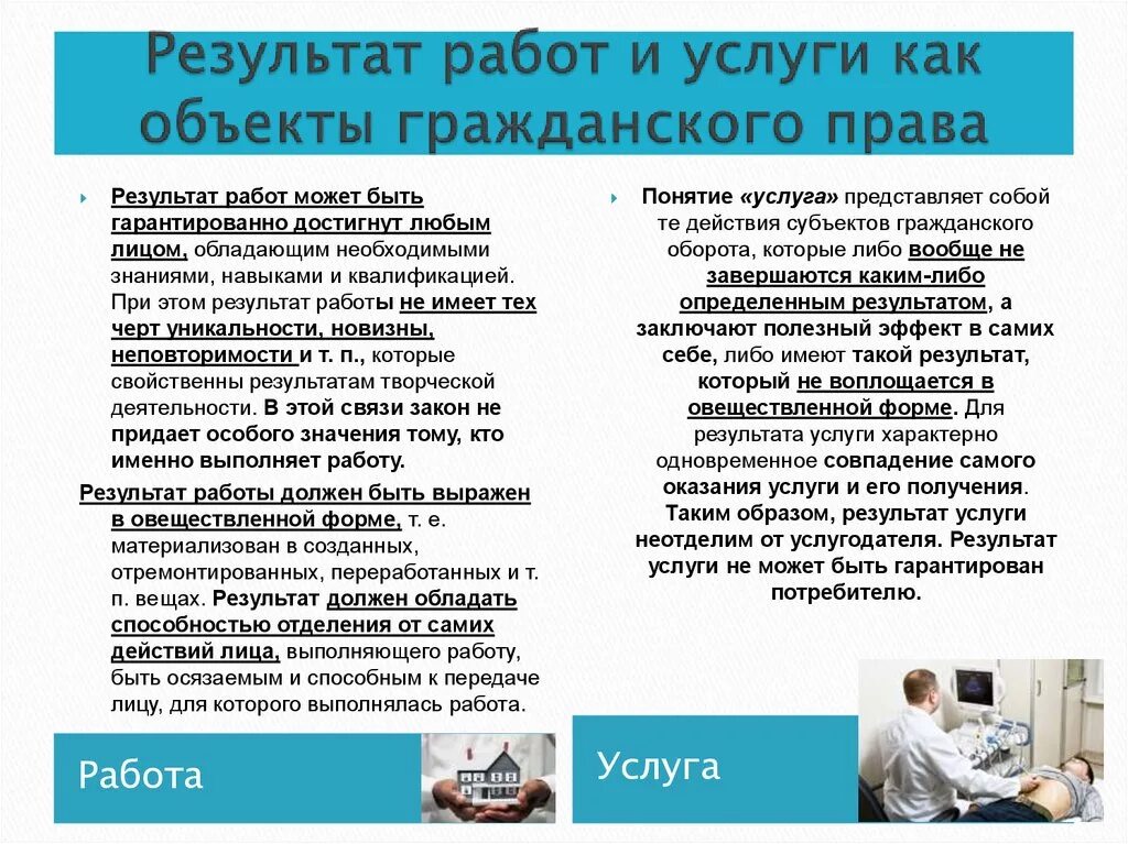 Работа и услуги сравнение. Работы и услуги как объекты гражданских прав. Результаты работ и услуги как объекты гражданских прав. Результаты работ это в гражданском праве. Работы и услуги как объекты гражданских правоотношений.