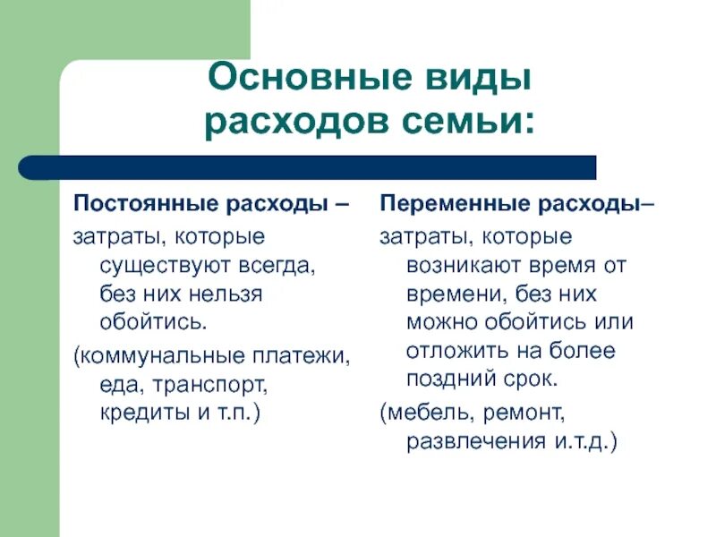 Какие бывают постоянные. Расходы постоянные и переменные семейного бюджета. Основные виды расходов семьи. Перечислите виды расходов. Виды расходов семейного бюджета.