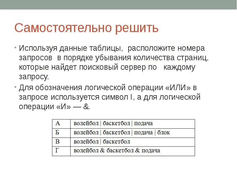 Расположите номера запросов в порядке убывания. Обозначения логической операции «или» используется символ «|». Обозначения запросов в порядке убывания количества страниц. Запрос о или на. Располагают информацией о том что