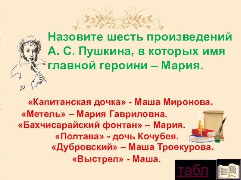 6 произведений. Пусть в каждом сердце Пушкин отзовется. Назовите произведения Пушкина в которых имя главной героини Мария. Шесть произведений Пушкина. Маша Миронова Дубровский.