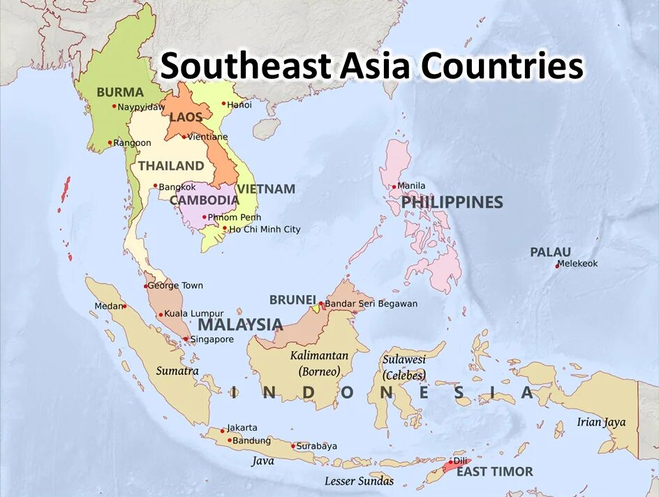 Политическая карта Юго-Восточной Азии. Юго-Восточная Азия на карте. Картааюго Восточной Азии. Карта ЮВА.