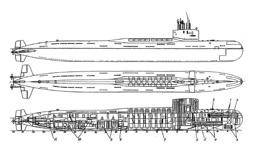 Чертеж модели проекта 667бдр Nuclear submarines with ballistic missiles. Project 667-BDRM "Dolphin" (Delta-IV