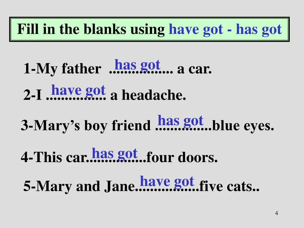 Fill in have got has got. Has got a car. Have got a headache. He has got Blue Eyes для школьников.