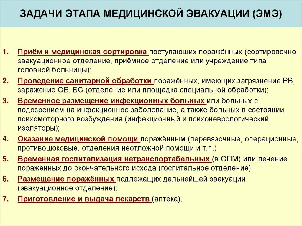 Подразделения этапа медицинской эвакуации. Этапы медицинской эвакуации. Задачи этапа медицинской эвакуации. Задачи медицинской сортировки пораженных. Задачи мед сортировки.