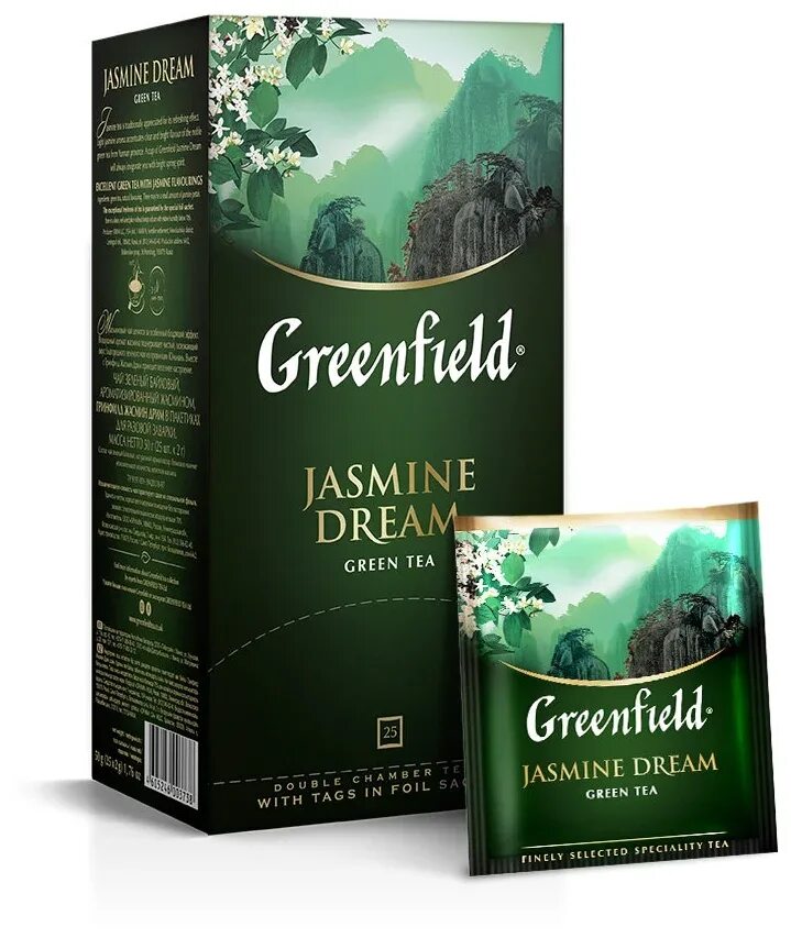 Зеленый чай гринфилд в пакетиках. Чай зеленый Greenfield Jasmine Dream. Чай Гринфилд с жасмином 25 пакетиков.