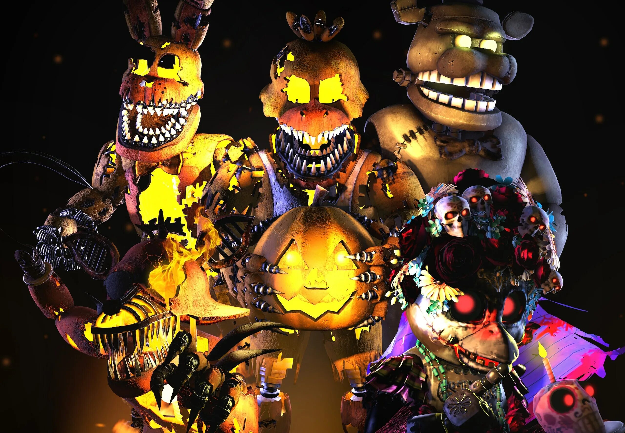 Пять ночей td хэллоуин. Фнаф хэллоуин. хэллоуинский fnaf. фнаф4 аниматроники хелуин.