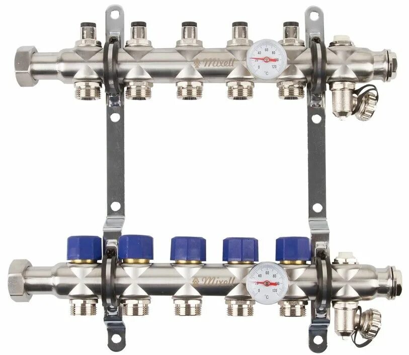 Распределительный коллектор 5. Коллекторная группа Mixell (е005-4) 1" ВР, 4 отвода 3/4" евроконус. Коллекторная группа Mixell (е004-5) 1" ВР, 3 отвода 3/4" евроконус, расходомер. Коллекторная группа Mixell (е004-4) 1" ВР, 4 отвода 3/4" евроконус, расходомер. Коллекторная группа Mixell (е005-5) 1" ВР, 5 отводов 3/4" евроконус.