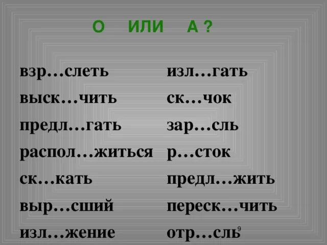 Предл..Гать. Изл..Гать. ОТР..сль. Выр…сший. Погл щать разгл шать выск чить