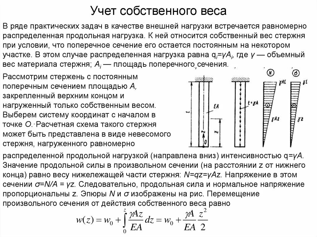 Собственного веса жесткого стержня. Растяжение стержня с учетом собственного веса. Продольная распределенная нагрузка. Распределенная нагрузка при растяжении и сжатии. Во сколько раз собственного веса может