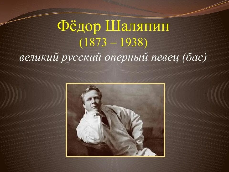 Сообщение федора шаляпина. Фёдор Шаляпин (1873 – 1938) Великий русский оперный певец (бас).