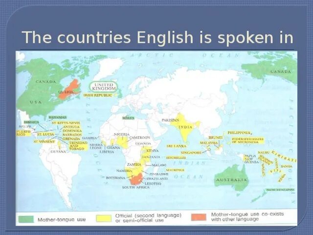 English as a mother tongue second and Foreign language. English Map mother tongue. Population of mother tongue Canada. 3) How many Countries have English as an Official language?.