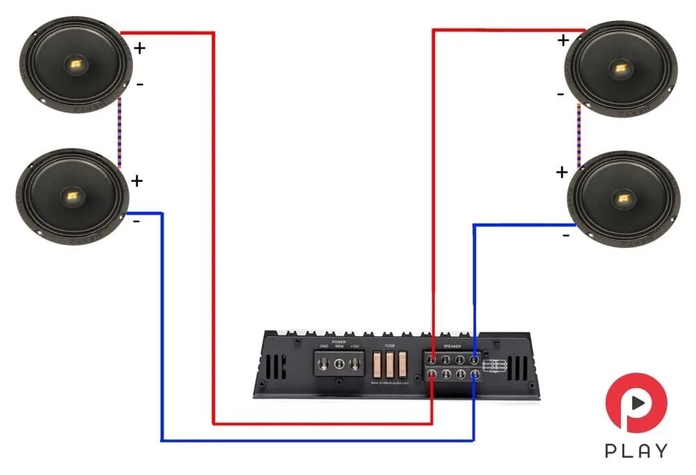 Динамики 2 почему. Подключение 4 динамика к 4 канальному усилителю в 2 Ома. 4х канальный усилитель подключаем динамики в 4 Ома и 2 Ома. 8 Динамиков к 4 канальному усилителю 2ома. Схема подключения 3 динамиков к усилителю.