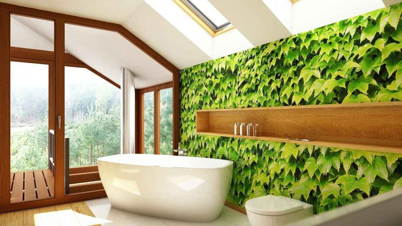 Интерьер ванной комнаты. Фотообои в ванной комнате. Ванная с зеленью. Фотообои для ванной комнаты влагостойкие.