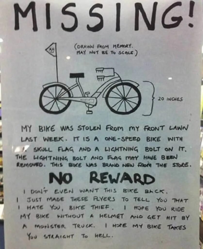 Dan said my bike was stolen yesterday. Dan said my bike was stolen yesterday. Dan said my bike was stolen yesterday. Her bike was stolen last night. My bike is my psychiatrist.