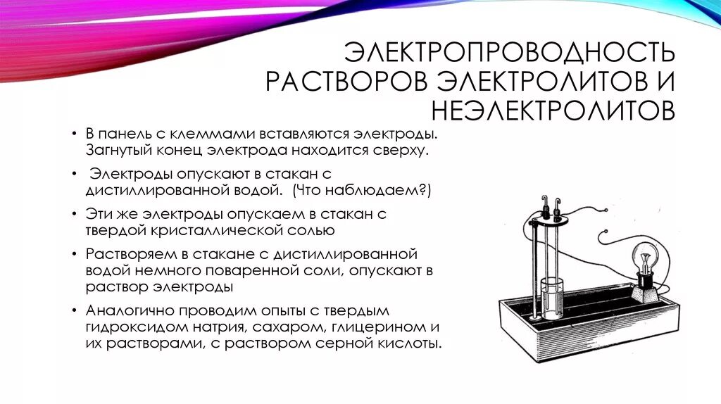 Дистиллированная вода проводит электрический. Схема прибора для определения электропроводности растворов. Электропроводность растворов эксперимент. Прибор для определения электропроводности растворов рисунок. Электропроводность растворов электролитов.