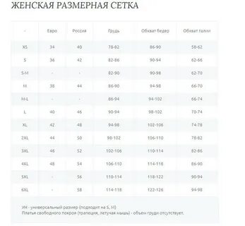 Эва размерная сетка