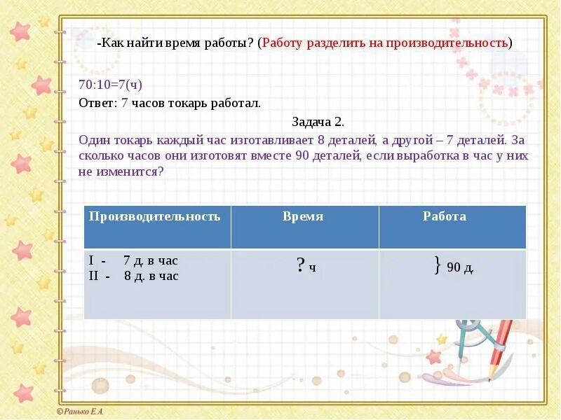 За 7 токарь изготовил 63. Работа производительность время. Задачи на работу и производительность. Как найти время в задачах на работу. Как найти работу производительность и время.