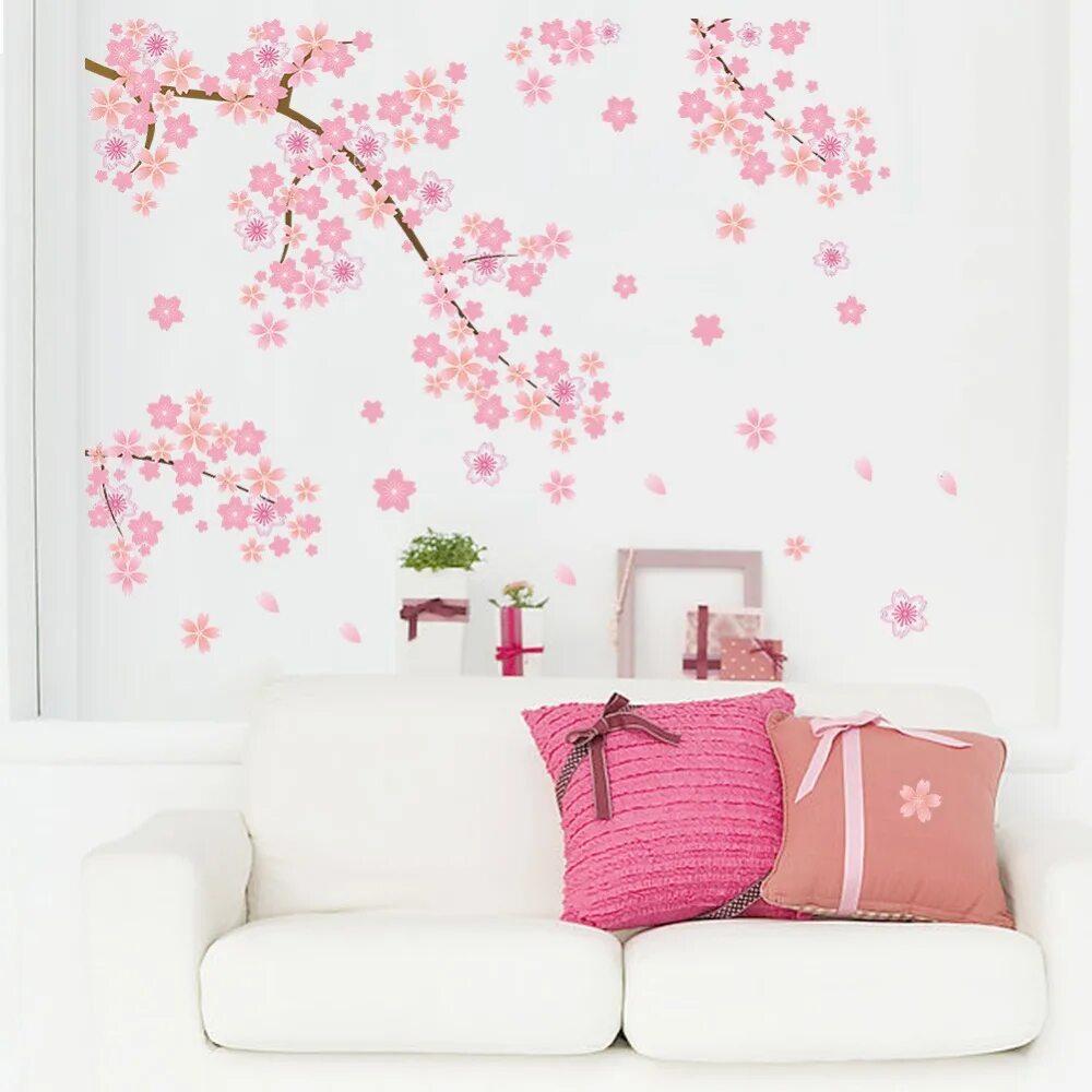 Сакура дизайн. Наклейки на стену. Декор для розовых стен. Интерьерные наклейки цветы. Сакура на стене.