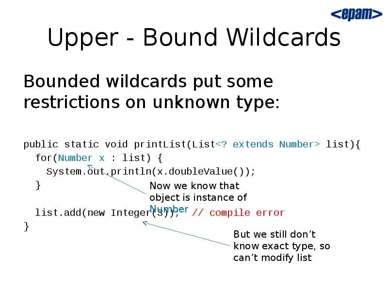 Upper bound. Upper bound Wildcard. Lower bound Upper bound. Lower integer bound.