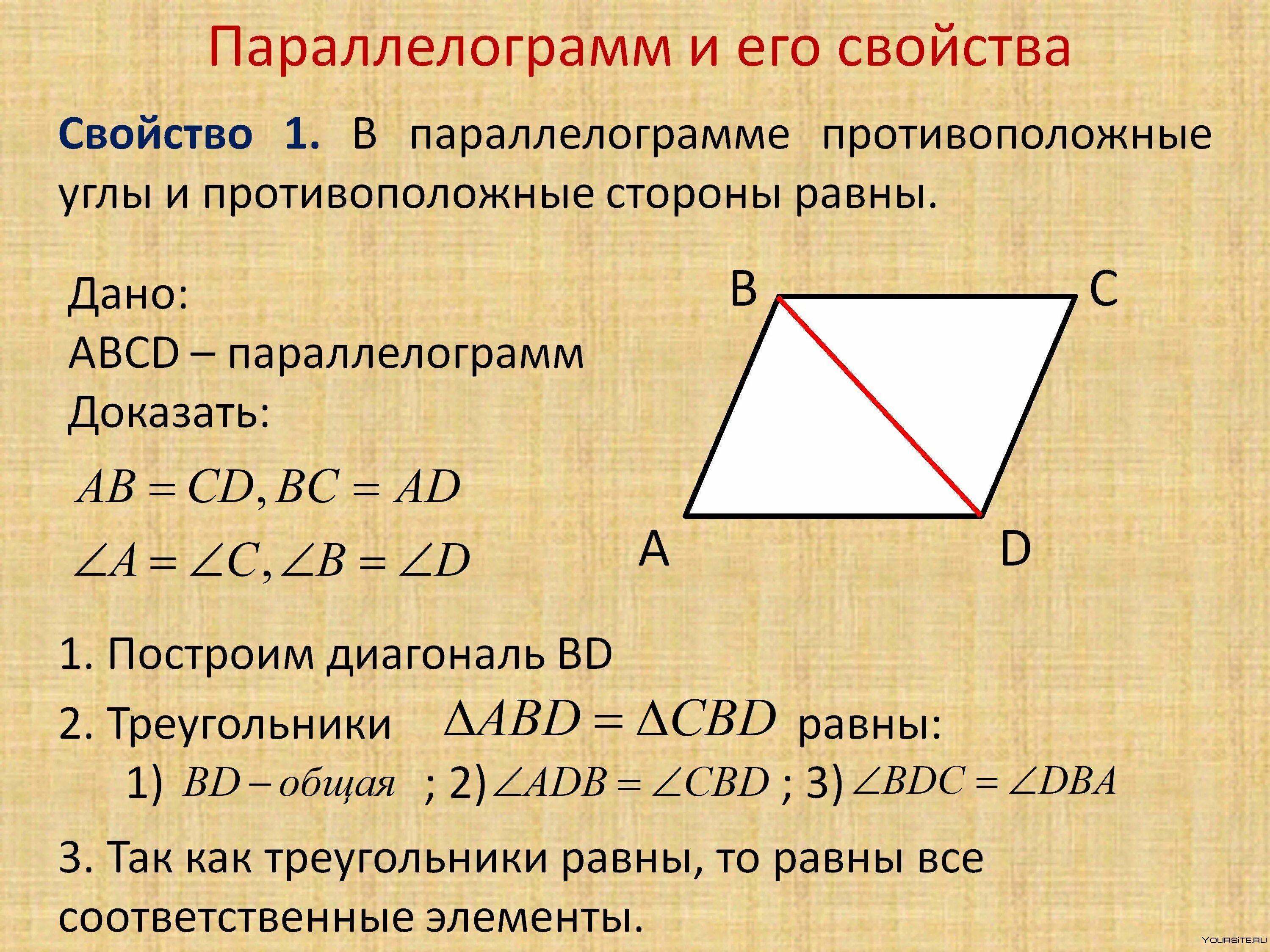 Доказательство 2 свойства параллелограмма. Доказательство 1 свойства параллелограмма. Свойства параллелограмма с доказательством. Свойства параллелограм.