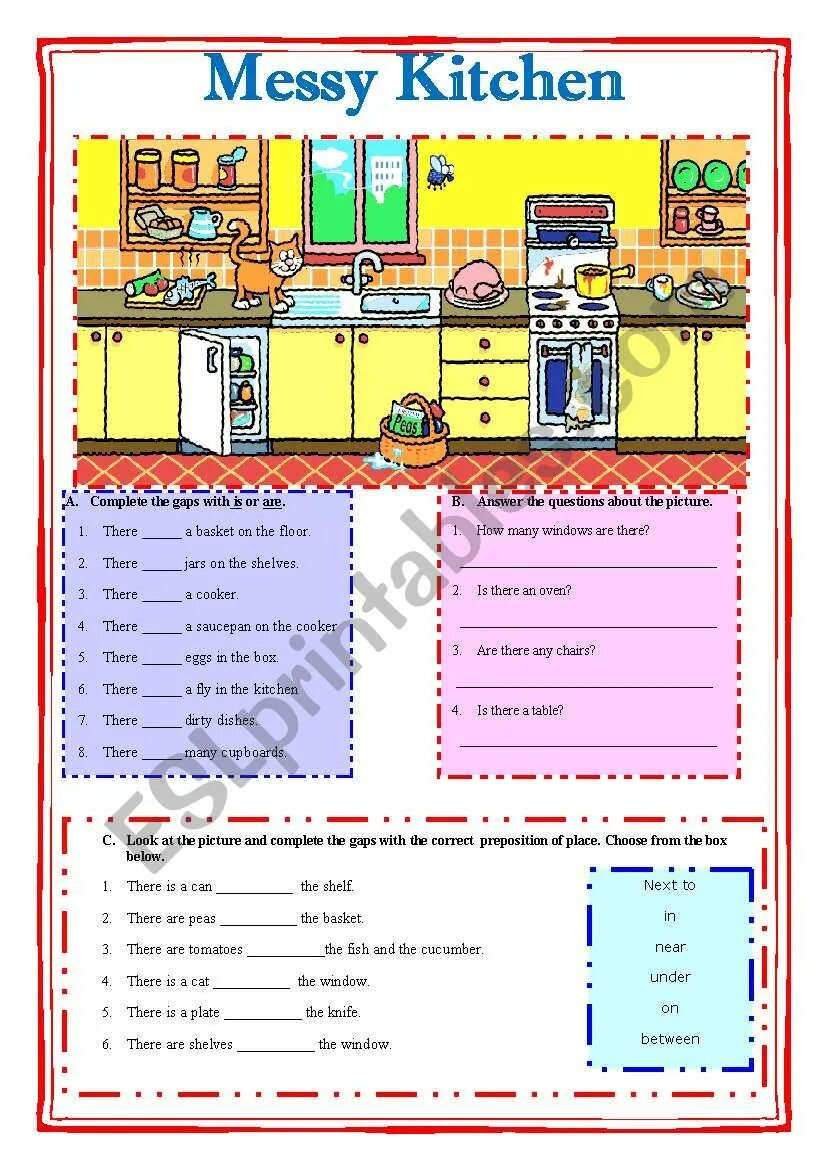 Complete the gaps with the correct preposition. Preposition of place Kitchen. Prepositions Worksheets Kitchen. There is are Worksheets in the Kitchen. Упражнения на тему where is.... In the Kitchen.