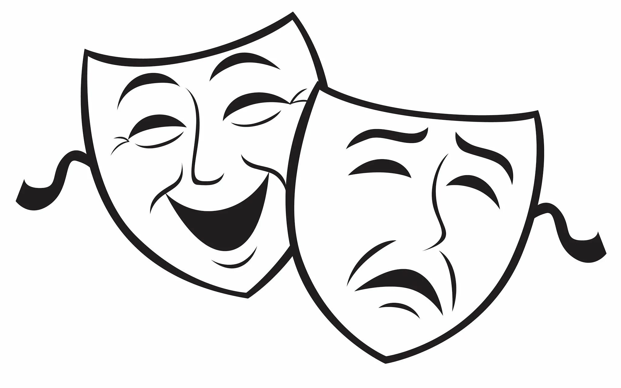 Маски грусть и радость. Театральные маски. Маски символ театра. Театральная маска раскраска. Театральные маски черно белые.