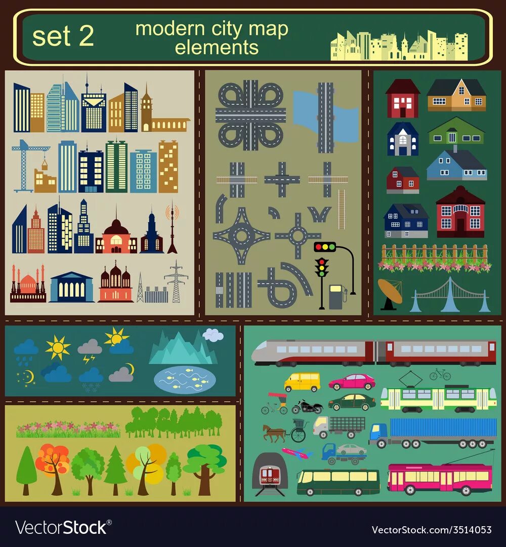 Map elements. Modern city map. flatmap elements.