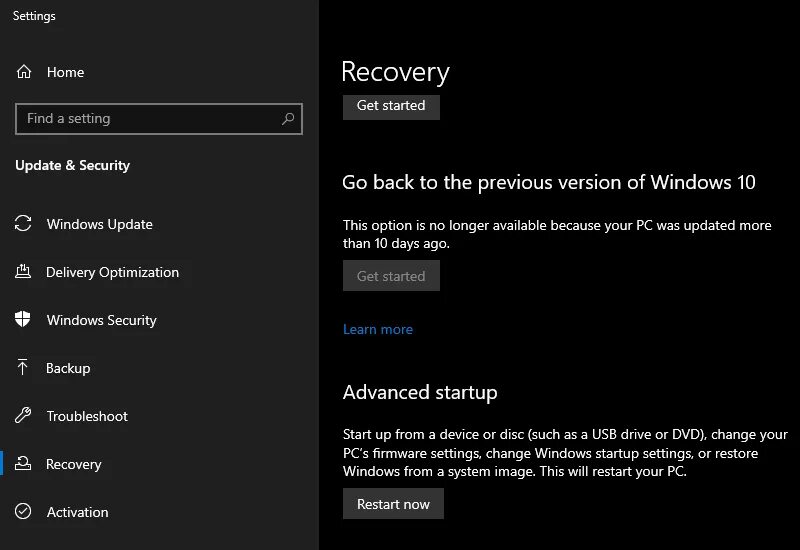 Startup setting. Update & Security > Recovery. Advanced Startup. Startup settings Windows 10 перевод.