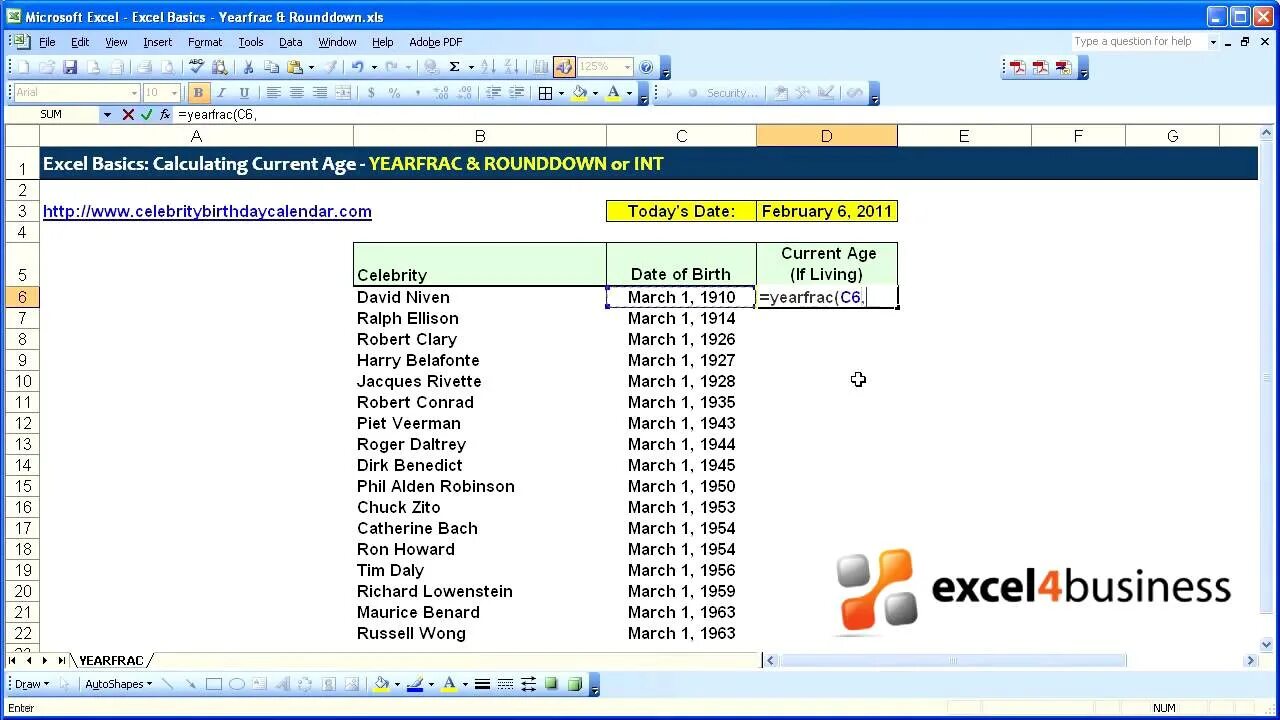 Date excel YEARFRAC. Excel rounddown. YEARFRAC.