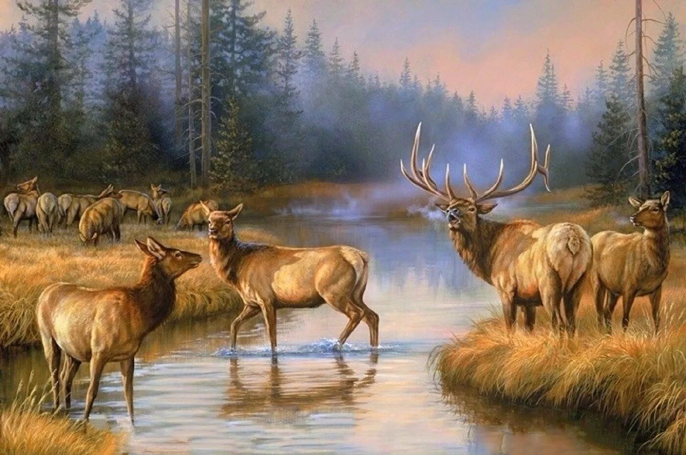 Картина олени. Пейзаж с оленем. Олень в лесу живопись. Пейзаж с лосем.