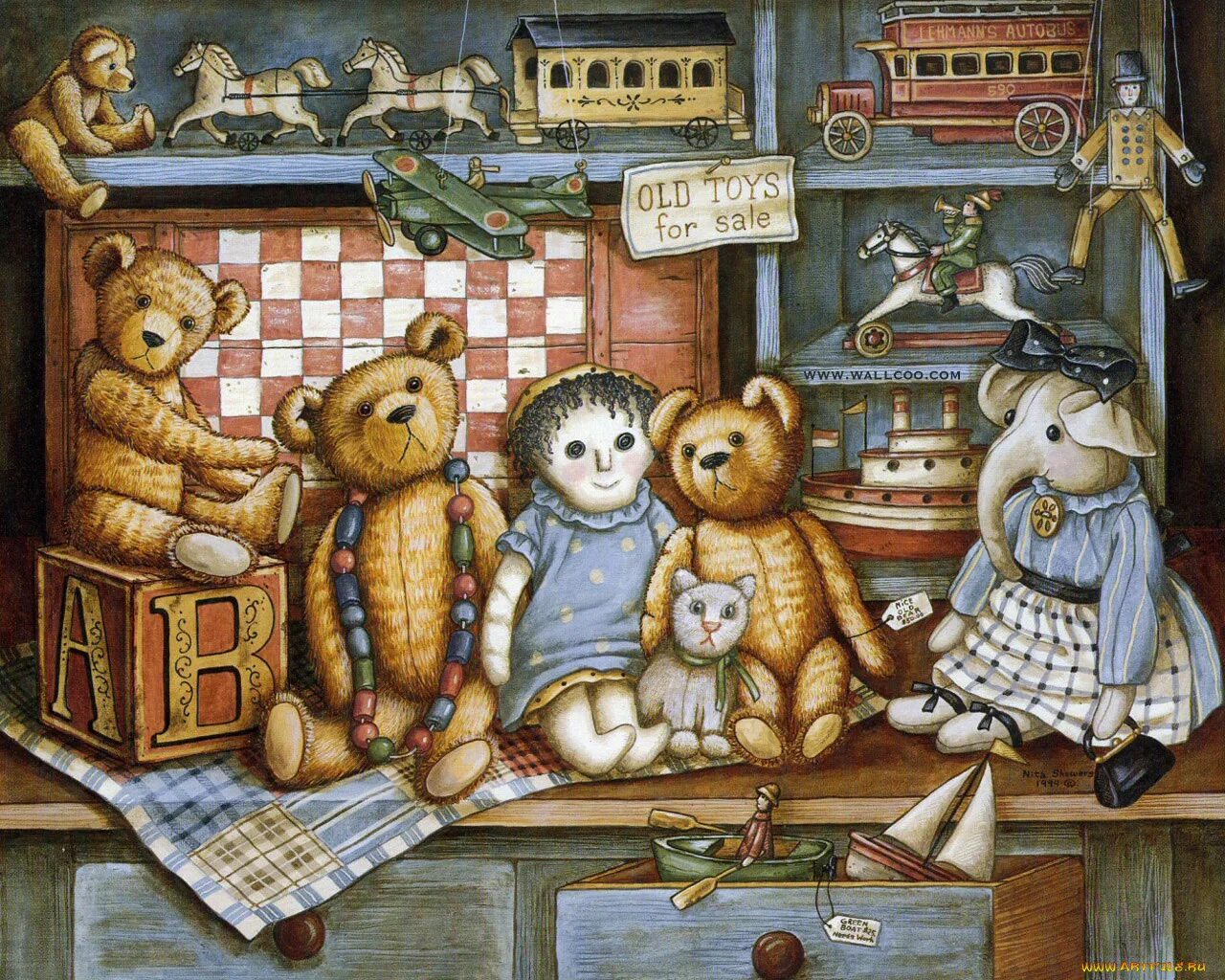 Картина игрушки. Nita Showers мишки Тедди. Картины художника Teddy Bear. Винтажные игрушки для детей. Игрушки в живописи.