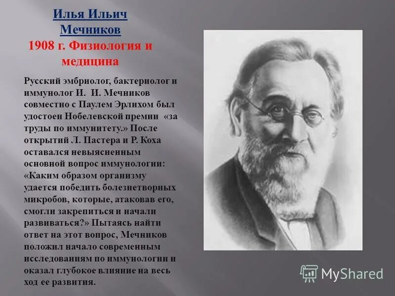 Мечников за что получил нобелевскую премию. Невосприимчивость в инфекционных болезнях мечников. Илья ильич мечников (1845-1916) биолог. Мечников эрлих нобель. Илья ильич мечников открыл явление фагоцитоза.